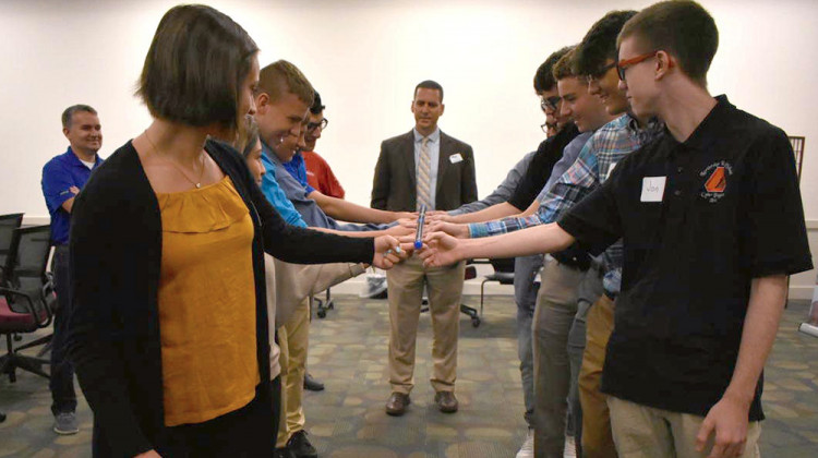 Youth apprentices with CareerWise Elkhart County participate in a team-building activity while Jason Harrison of Horizon Education Alliance supervises. - FILE PHOTO: Justin Hicks/IPB News