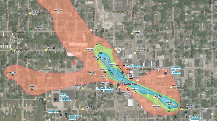 A map of the Martinsville Superfund site groundwater plume. The blue indicates where the highest concentrations of toxic chemicals are in the water. - Courtesy of EPA Region 5