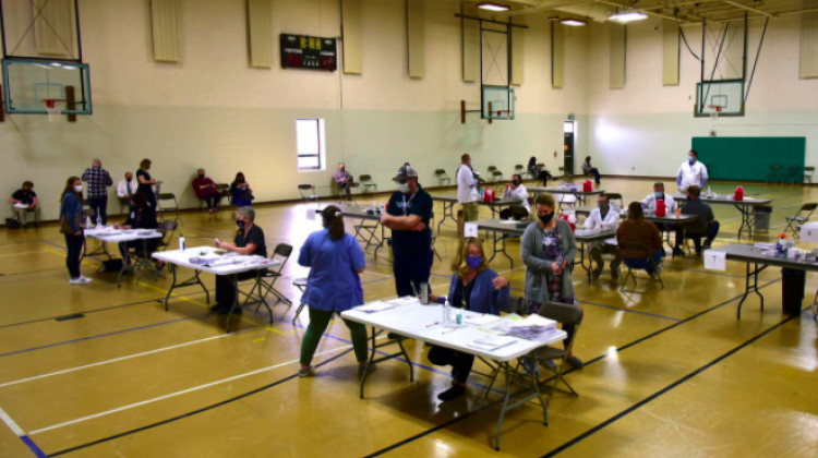 A COVID-19 vaccination clinic in Elkhart. Many Hoosiers should expect long waits to get a COVID-19 vaccine when they become eligible to schedule appointments next week. - Justin Hicks/IPB News