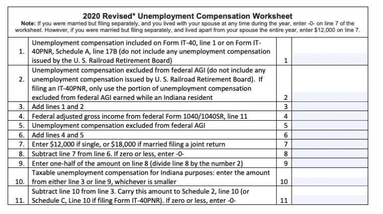 The Indiana Department of Revenue has created a new worksheet for Hoosiers with 2020 unemployment benefits to use. - Screenshot in.gov/dor/