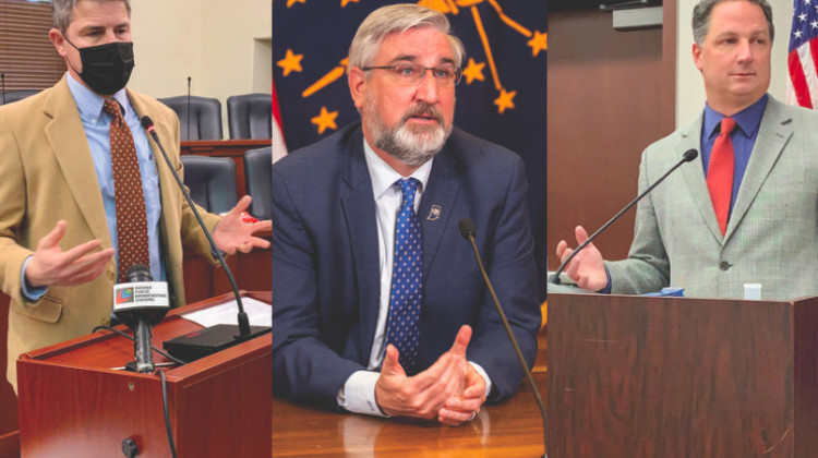 Gov. Eric Holcomb, center, has been in a legal battle for months against Senate President Pro Tem Rodric Bray (R-Martinsville), left, and House Speaker Todd Huston (R-Fishers), right. - (Brandon Smith/IPB News and courtesy of the governor’s office)