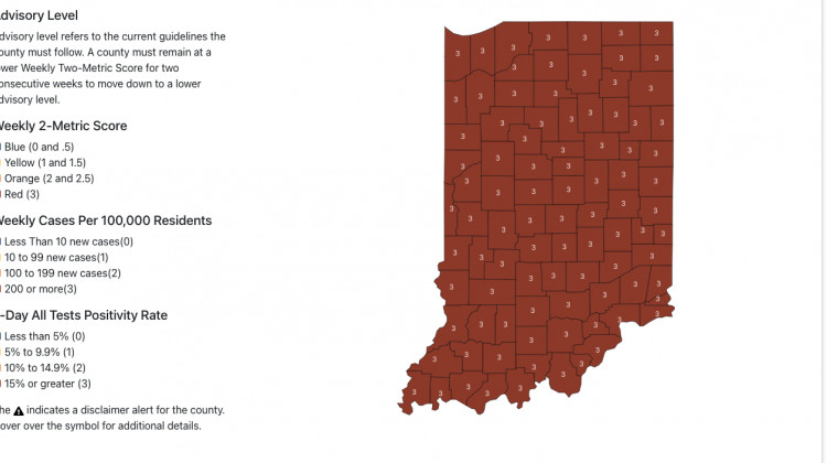 The county metrics map on the on the Indiana Department of Health's dashboard showed that as of Wednesday the entire state was in the highest-risk red category, which indicates very high community spread of COVID-19. - Indiana Department of Health