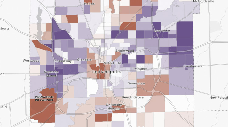 A map showing regions of the city with higher eviction rates over average. Brown regions show an increase while purple shows a decrease. - Courtesy of SAVI