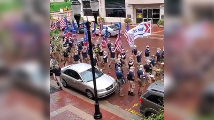 Members of the white nationalist group Patriot Front marched through downtown Indianapolis on Saturday, Sept. 3, 2022. - Brendan Bow (@pope_brendictus)/via Twitter
