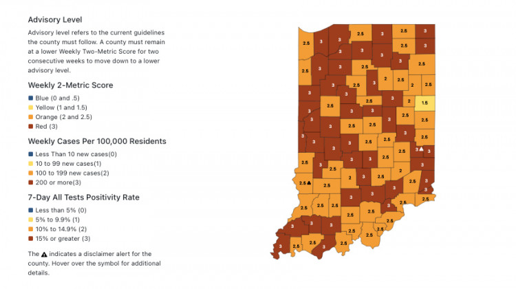 A screenshot of the Indiana State Department of Health's COVID-19 dashboard shows the advisory levels for Indiana counties on Wednesday, Dec. 30. - Indiana State Department of Health