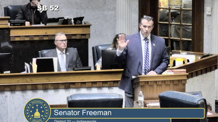 Senator Aaron Freeman (R-Indianapolis) discusses his bill blocking dedicated lanes for public transportation  Photo taken from a stream of the Senate