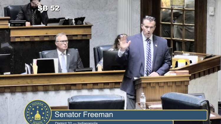 Senator Aaron Freeman (R-Indianapolis) discusses his bill blocking dedicated lanes for public transportation - Photo taken from a stream of the Senate