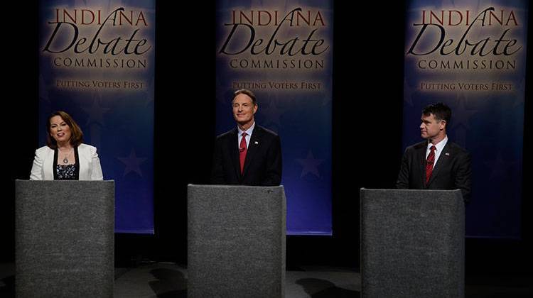 Libertarian Lucy Brenton, Democrat Evan Bayh and Republican Todd Young met in the WFYI studio Tuesday, Oct. 18 for their only scheduled debate for Indiana's open U.S. Senate seat. - AP photo