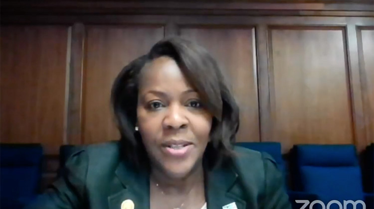 Indiana Black Legislative Caucus Chair Robin Shackleford (D-Indianapolis) discusses the caucus's justice reform agenda. - Screenshot of Zoom call