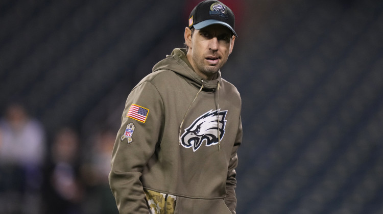 Philadelphia Eagles' Shane Steichen watches warm-ups before an NFL football game, Sunday, Nov. 27, 2022, in Philadelphia. Lions offensive coordinator Ben Johnson, 49ers defensive coordinator DeMeco Ryans and Steichen are the finalists for AP Assistant Coach of the Year. - AP Photo/Matt Slocum, File