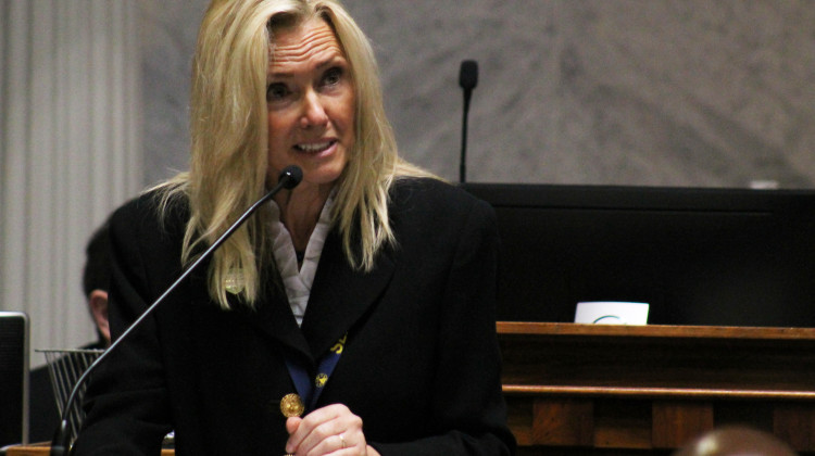 Sen. Shelli Yoder (D-Bloomington) speaks in opposition to a proposed abortion ban on the floor of the Indiana Senate on July 30, 2022. She called the bill "cruel" and "invasive."  - Brandon Smith/IPB News