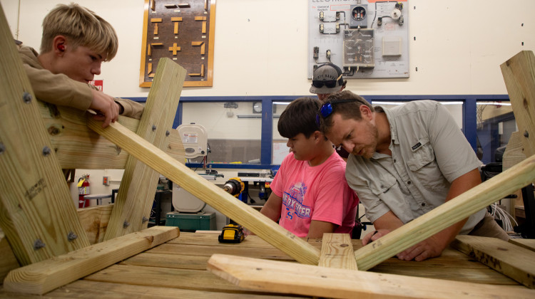 Students are taught construction skills at Shoals High School, on Tuesday, Oct. 1, 2024. - Kaiti Sullivan for WFYI
