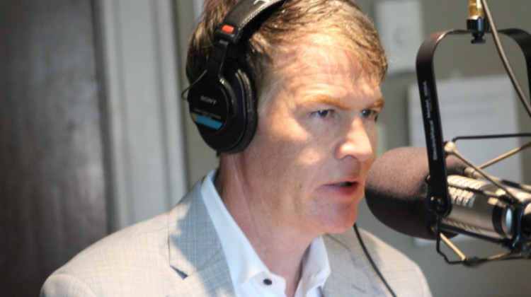 Jefferson Shreve in the WFYI studios during the 2023 Indianapolis mayoral race, which he lost against two-term incumbent Joe Hogsett. Shreve now fills a congressional seat freed up after Republican Rep. Greg Pence announced in January he would not run for reelection. - Ben Thorp / WFYI