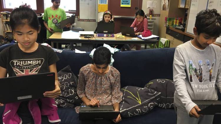 Students in Scott Bedley's fifth-grade class at Plaza Vista School in Irvine, Calif., play a version of "Simon Says" with fake news. - Courtesy of Scott Bedley