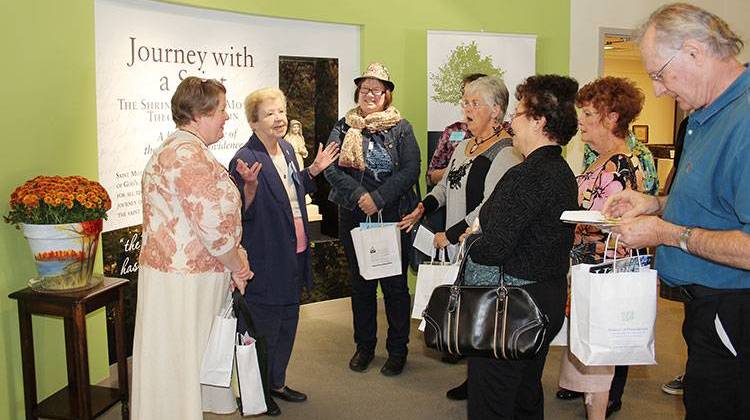 Sister Nancy Nolan begins a tour for a group of people Saturday during the grand opening of the new permanent shrine for Saint Mother Theodore Guerin. - Courtesy The Sisters of Providence of Saint Mary-of-the-Woods