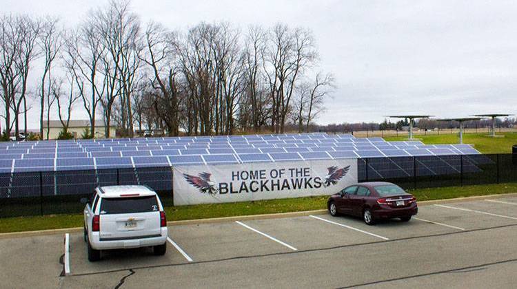 A group of solar panels at Sheridan Elementary School. Sheridan Community Schools, in Hamilton County, is now one of Indiana's first completely solar powered school districts. - Peter Balonon-Rosen/Indiana Public Broadcasting