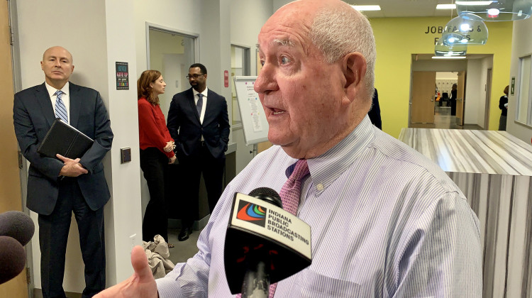 U.S. Agriculture Secretary Sonny Perdue, whose department oversees SNAP benefits, or food stamps, speaks with the media at a WorkOne center in Indianapolis.  - Brandon Smith/IPB News