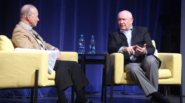 Purdue University President Mitch Daniels talk with U.S. Secretary of Agriculture Sonny Perdue on a variety of issues impacting the agricultural industry.  - Samantha Horton/IPB News