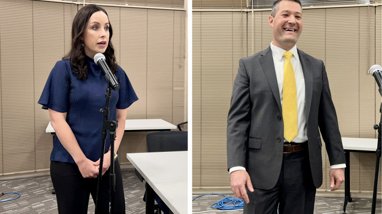 Democrat Destiny Wells, left, and Libertarian Jeff Maurer, were the two candidates for Indiana secretary of state who agreed to participate in a televised debate. - Brandon Smith/IPB News