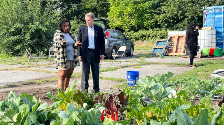 Soul Food Project Executive Director Danielle Guerin shows Indianapolis mayor Joe Hogsett some of the crops being grown at the farm on Sheldon Street. The site is one of three in the city.  - Sydney Dauphinais/WFYI