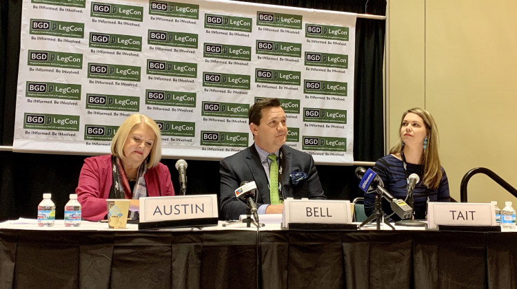 Casino Association of Indiana President Matt Bell, center, discusses gaming on a panel at the Bingham Greenebaum Doll Legislative Conference.  - Brandon Smith/IPB News