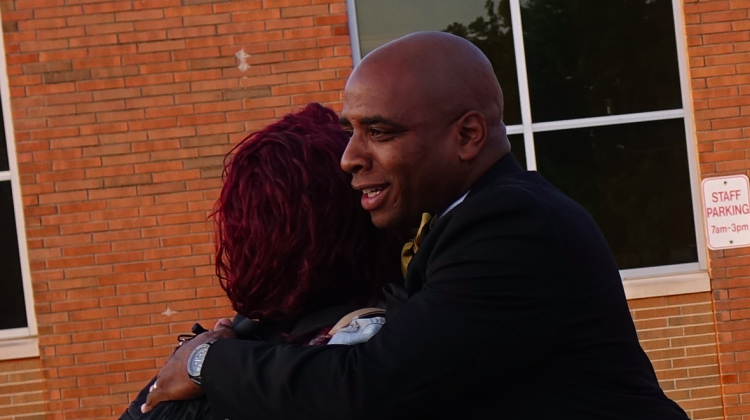 Arlington Principal Stan Law greets students on the first day of school for the 2017-18 school year. Next year he will lead Washington High School. - Eric Weddle/WFYI Public Media