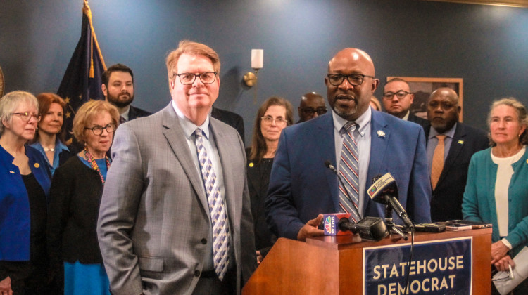 House Minority Leader Phil GiaQuinta (D-Fort Wayne), left, and Senate Minority Leader Greg Taylor (D-Indianapolis), right, stand in front of the House and Senate Democratic caucuses to unveil their joint agenda on Jan. 11, 2024. - Brandon Smith/IPB News