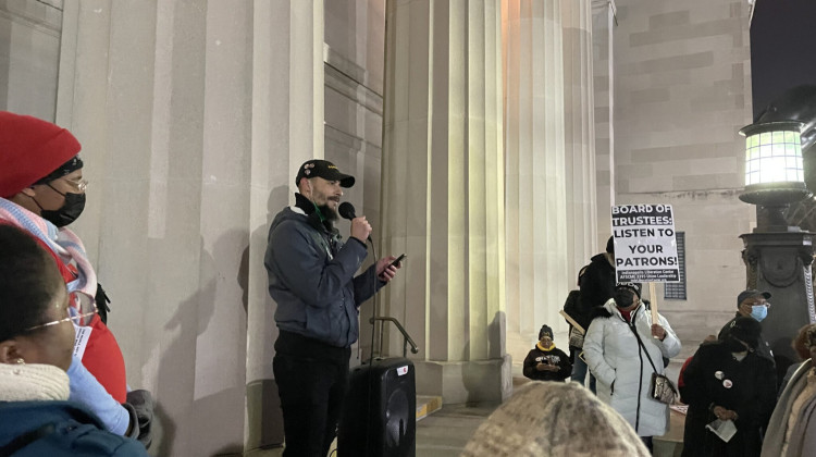 Stephen Lane, a former special collections librarian for the Indianapolis Public Library, spoke out against the board's decision during a protest in support of Nichelle Hayes for CEO on Dec. 12, 2022. - Chloe McGowan/Indianapolis Recorder