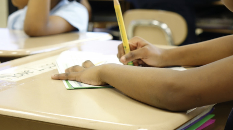 A student sits at a desk in an Indiana classroom. - (Eric Weddle/WFYI)