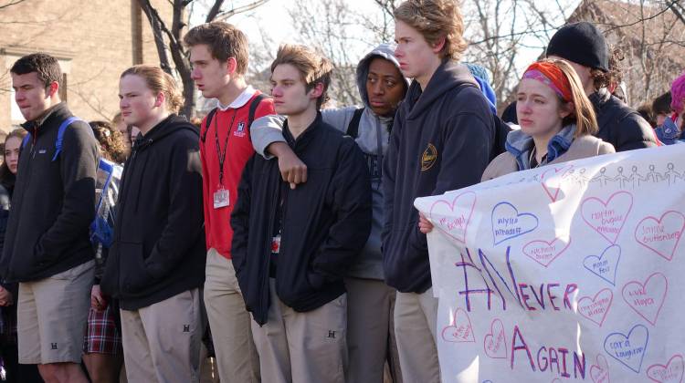 Students at Herron High School in downtown Indianapolis walked out of class Wednesday, March 14, 2018 to call for an increase in school safety and honor the victims of the Parkland, Florida shooting.  - Eric Weddle/WFYI News