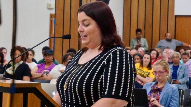 Teacher Tina Ahlgren spoke to the Indianapolis Public Schools Board in June about the importance of making the high school closing process easier for teachers. - Dylan Peers McCoy / Chalkbeat Indiana