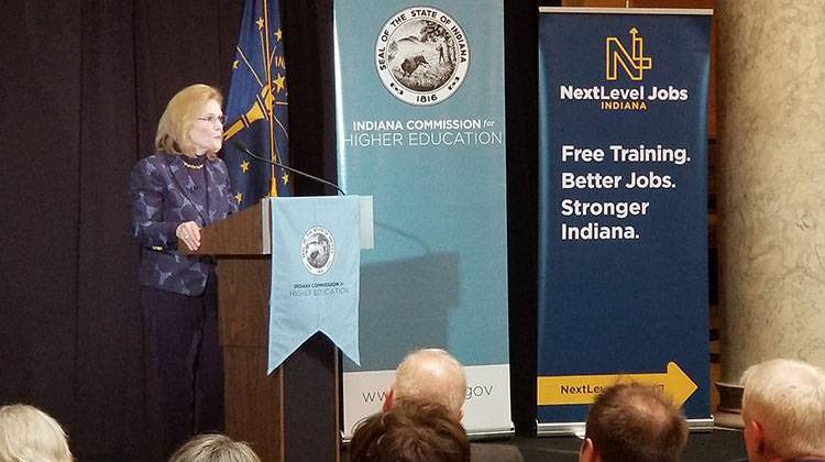 Indiana Commissioner for Higher Education Teresa Lubbers speaks at an annual event in the statehouse. - Jeanie Lindsay/IPB News