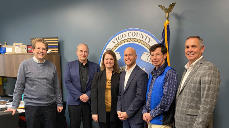 ENTEK CEO Larry Keith and ENTEK Manufacturing President Kim Medford with Indiana state officials. - Photo courtesy of Entek