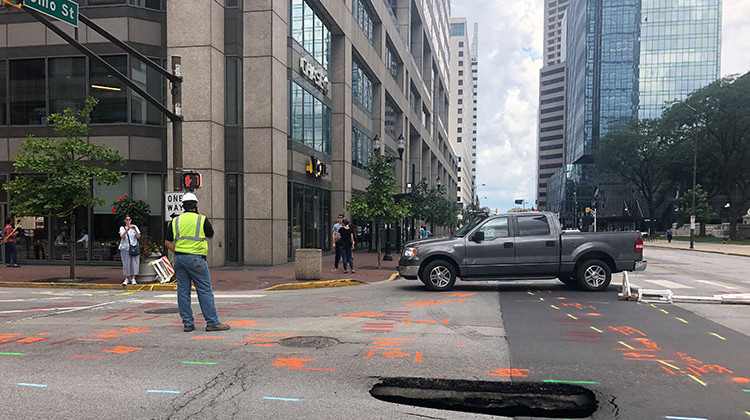 The site of the sinkhole downtown at the intersection of Ohio and Pennsylvania streets. - Sarah Panfil/WFYI News