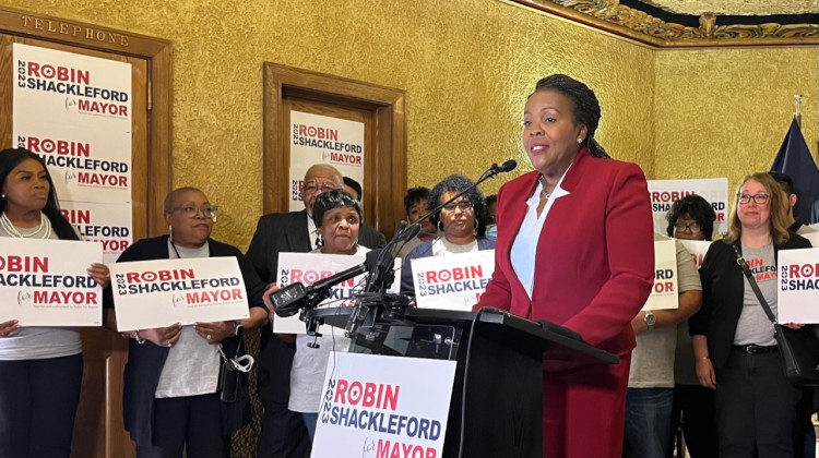 Shackleford announced her run surrounded by supporters. (Jill Sheridan WFYI)