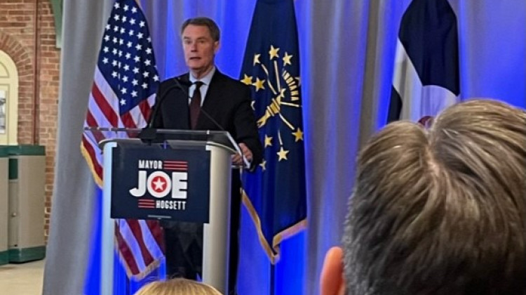 Indianapolis Mayor Joe Hogsett at Tuesday's 2023 campaign announcement.  - Jill Sheridan/WFYI News