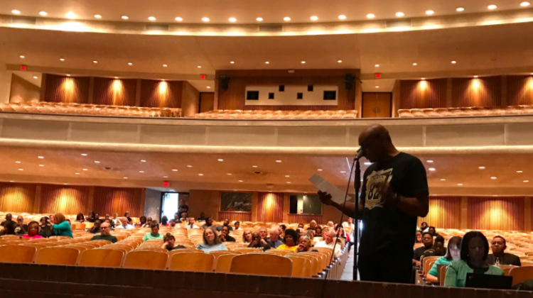 Arlington alumni president Tim Bass makes comments to the IPS School Board during a public hearing at the school on Tuesday, Aug. 29, 2017. Arlington Community High School would be restarted as a middle school in the 2018-19 school year if the IPS Board approves the closure plan. - Indianapolis Public Schools