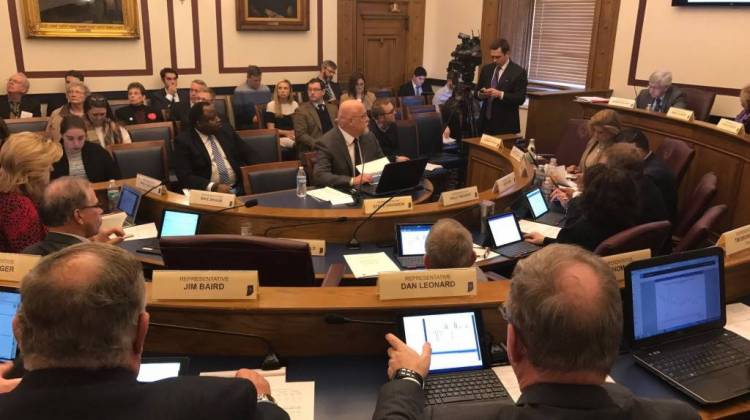 Rep. Tim Brown (R-Crawfordsville), center, discusses his caucus' proposed state budget at a House Ways and Means Committee hearing. The proposal does not increase domestic violence prevention and treatment funding.  - Brandon Smith/IPB