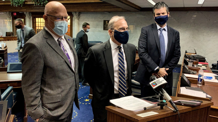 From left, House Ways and Means Chair Rep. Tim Brown (R-Crawfordsville), Office of Management and Budget Director Cris Johnston and Senate Appropriations Chair Sen. Ryan Mishler (R-Bremen) discuss the latest revenue forecast.  - Brandon Smith/IPB News