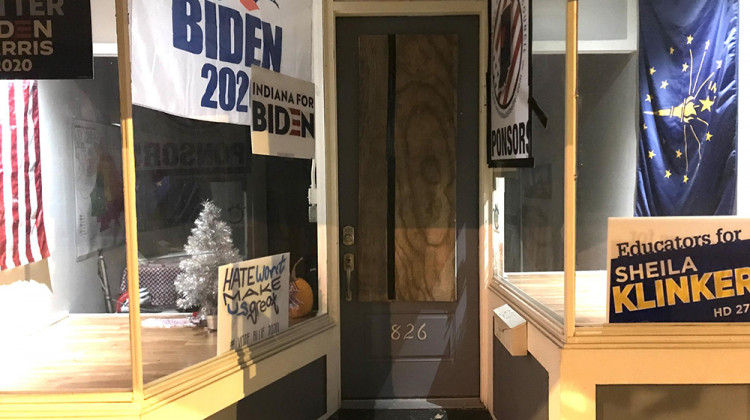 The door of the Tippecanoe County Democratic Party headquarters was boarded up Thursday evening. - Ben Thorp/WBAA