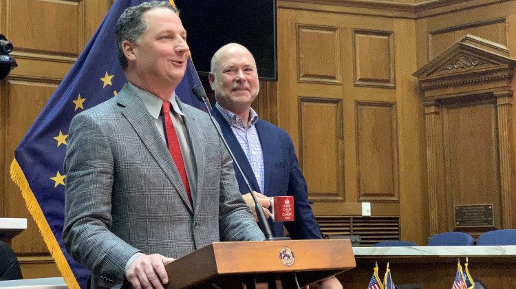 Rep. Todd Huston (R-Fishers), left, and House Speaker Brian Bosma (R-Indianapolis) discuss Huston's ascension to the speakership. - Brandon Smith/IPB News