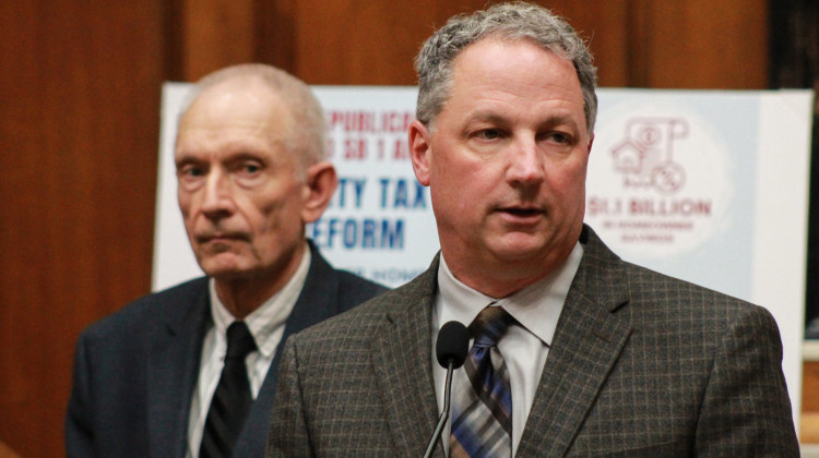 House Speaker Todd Huston (R-Fishers), right, unveiled his caucus's property tax reform plan with House Ways and Means Chair Jeff Thompson (R-Lizton), left, on April 4, 2025. - Brandon Smith/IPB News