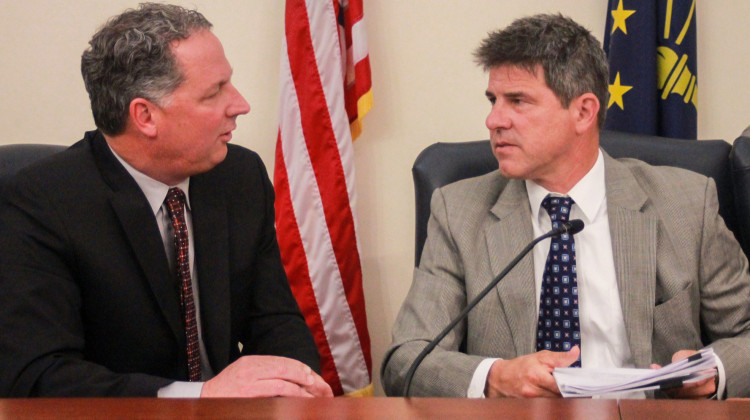 House Speaker Todd Huston (R-Fishers), left, and Senate President Pro Tem Rodric Bray (R-Martinsville), right, talk after a committee hearing on Tuesday, June 13, 2023. - Brandon Smith/IPB News