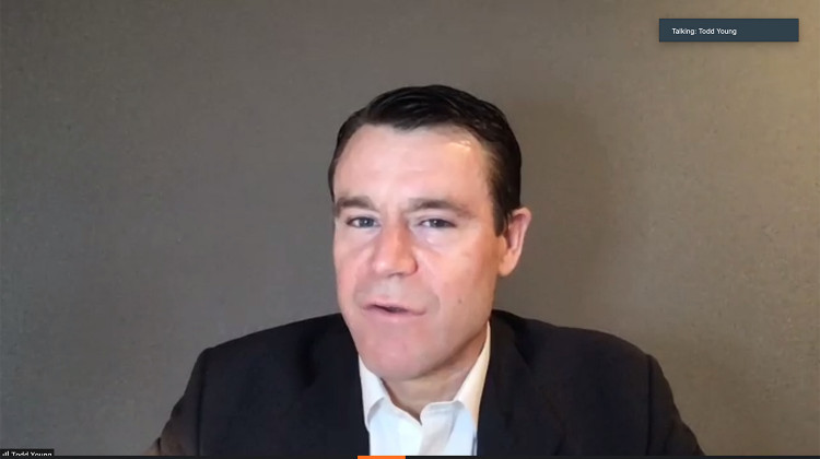 Sen. Todd Young (R-Ind.) says the federal Payment Protection Program funding is meant for small businesses – and big companies that received some of the money should return it.  - Screenshot of Zoom call