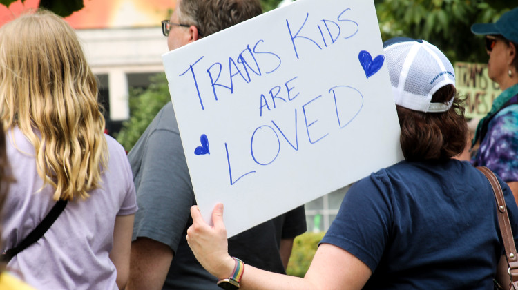 A small crowd of demonstrators gathered at the Statehouse holding signs and dancing before rain cut the Saturday, July 12, 2025 rally short. - Lauren Chapman / IPB News