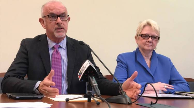 Sen. Travis Holdman (R-Markle), the bill's author, discusses his baby box legalization amendment as Indiana Right to Life's Cathie Humbarger sits beside him. - Brandon Smith/IPB