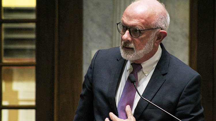 Sen. Travis Holdman (R-Markle) speaks about his bill to provide financial supports for pregnant Hoosiers, families and children on the floor of the Indiana Senate on July 28, 2022. - Brandon Smith/IPB News
