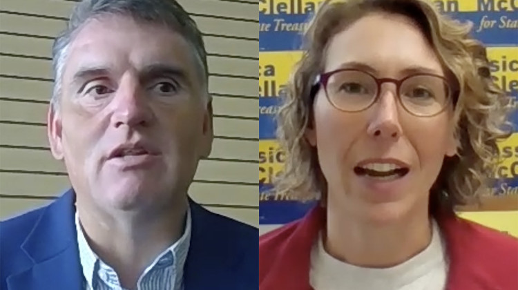 Republican Daniel Elliott, left, and Democrat Jessica McClellan, right, are running for the open Indiana state treasurer seat in the 2022 election. - Screenshot Zoom Call