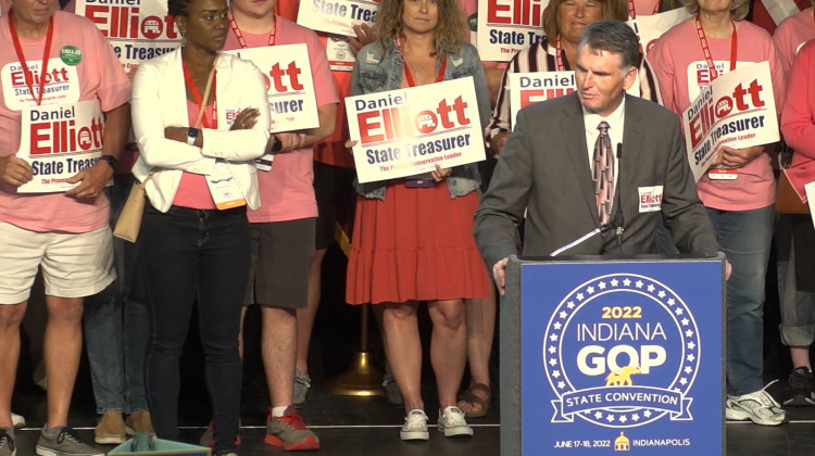 Republican Daniel Elliot speaks at the Indiana Republican State Convention on June 18, 2022. He was elected as Indiana state treasurer against Democratic opponent, Jessica McClellan.  - Alan Mbathi/IPB News