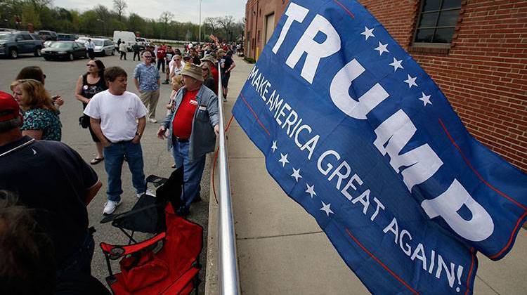 Republican presidential candidate Donald Trump supporters wait to enter the Blue Ribbon Pavilion at the Indiana State Fairgrounds for a campaign speech by Trump, Wednesday, April 20, 2016, in Indianapolis.  - AP Photo/Darron Cummings
